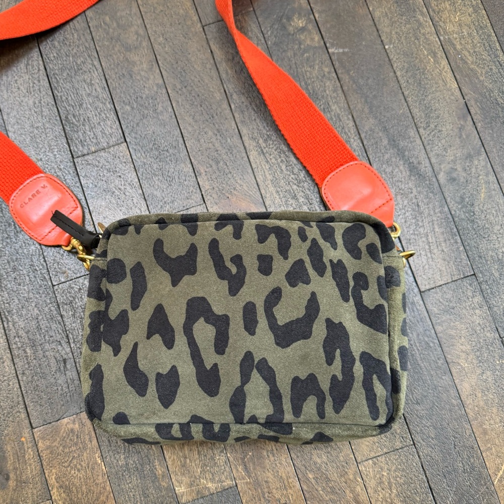 Clare V Olive Green and Black Leopard Crossbody with Orange Strap
